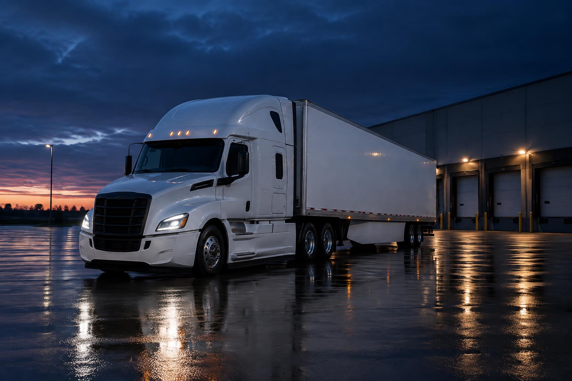 White sleeper semi truck at a freight terminal at dawn